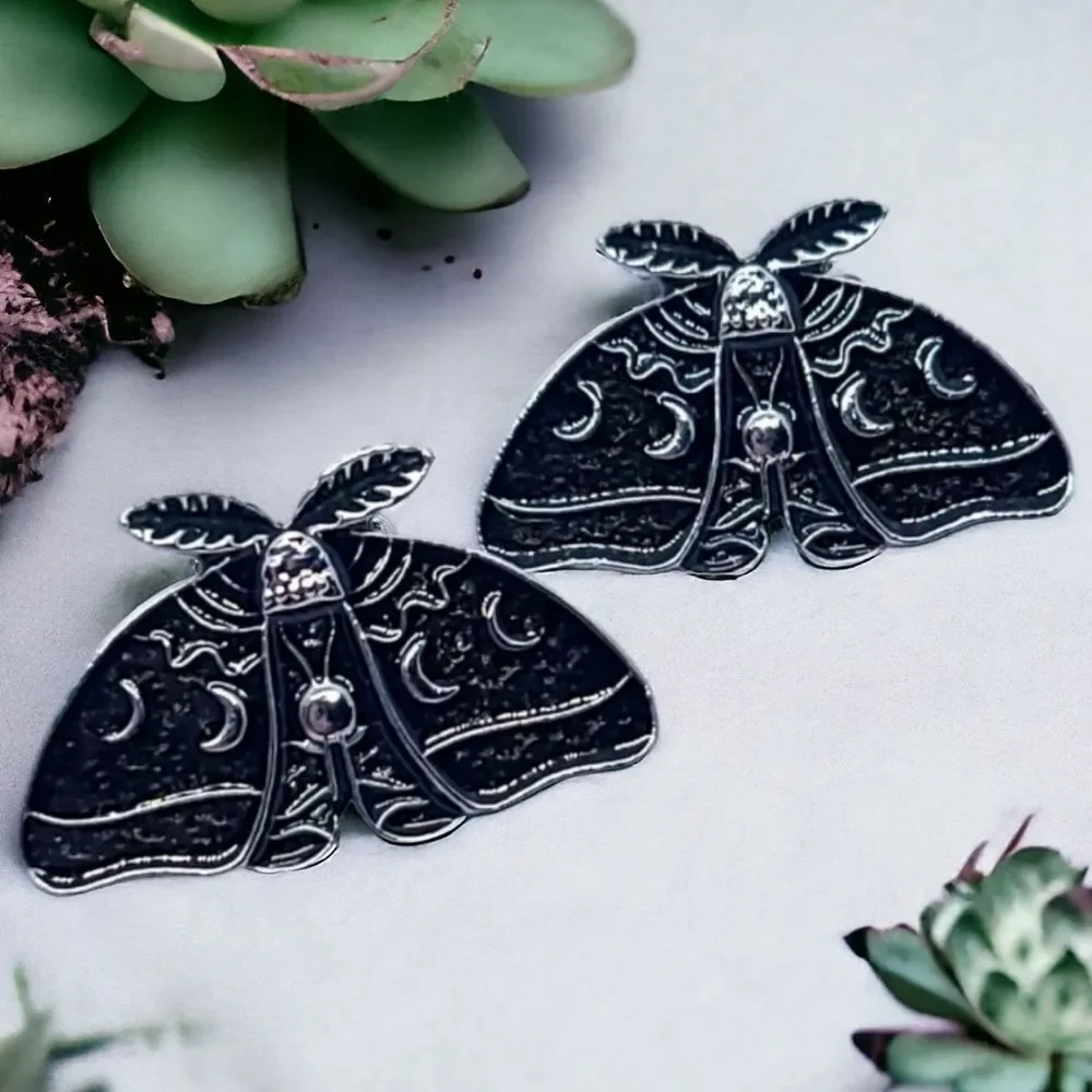 Luna Moth Stud Earrings Antique Silver Moon Phase Celestial Gothic Nature